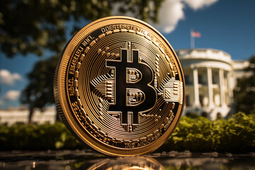 Wall Mural - bitcoin statue with white house in background 