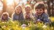 Children gleefully participating in an Easter egg scavenger hunt, searching for hidden treasures in a sunlit park