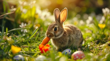 Wall Mural - Close-up of a bunny nibbling on a carrot in a meadow adorned with Easter delights