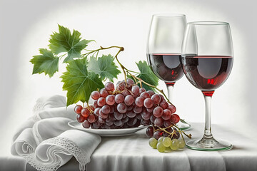 Poster - AI generated illustration of a still life painting of wine, grapes, and foliage arranged on a table