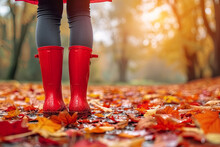 Autumn Fall Concept With Colorful Leaves And Rain Boots Outside. Close Up Of Woman Feet Walking In Red Boots