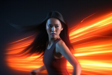 Sticker - Woman in motion, her hair flowing, with streaks of light creating a sense of speed and energy.