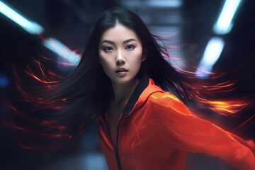 Sticker - Woman in motion, her hair flowing, with streaks of light creating a sense of speed and energy.