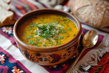 Wall Mural - design for ad, restaurant, french hot soup in a bowl. hot European soup with pumpkin, carrot and onion, cheese. Plate with cream, parsley and dill. View from above, Modern kitchen. Cuisine.