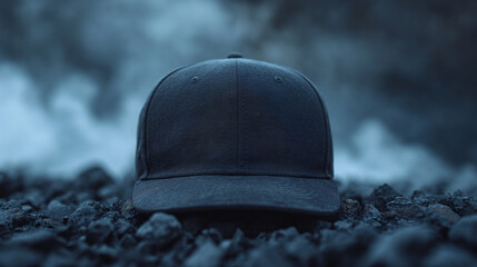 Wall Mural - Black baseball cap, snapback on a black background. Mock up design.