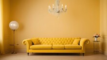 A Luxurious Yellow Sofa, Lighting From Above, On A Yellow Background, An Empty Room, Studio Shooting.