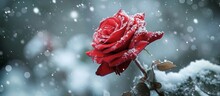 Red Rose Blooming Amidst A Winter Wonderland Of Snow: A Stunning Red Rose Braving The Majestic Snowfall