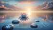 Tranquil lotus floating in misty dawn lake, symbolizing neurofeedback training and personal wellness.