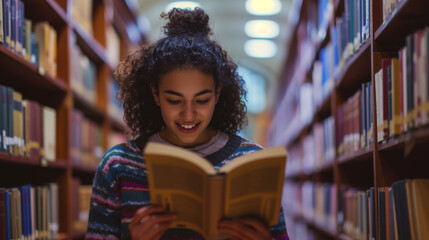 Sticker - woman with curly hair is smiling at the camera, holding a book, with a blurred library bookshelf in the background