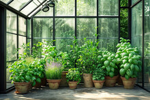 Flowerpots With Green Plants In A Glass Greenhouse