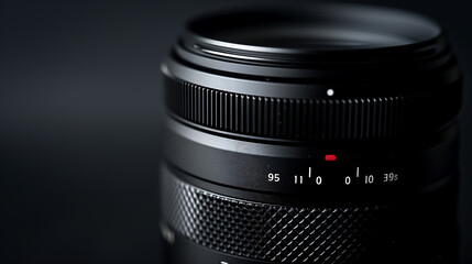 Close-up view of a camera lens isolated on a sleek black background, highlighting the intricate details of photography equipment and technology