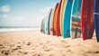 Surfboards on the beach in a row. Vintage filter. Surfboards on the beach. Vacation Concept with Copy Space.