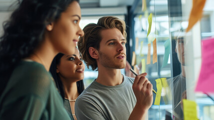 Wall Mural - professionals in a brainstorming session, with a focus on a young man with curly hair pointing at st