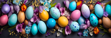 Colorful Easter Eggs With Spring Flowers On Dark Background. Happy Easter Banner.