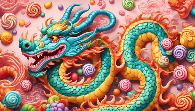 Chinese dragon, chinese style dragon, colorfull, fun style,  candy style, lunar new year