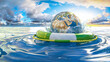Rettungsring in grün mit Erde treibt auf dem Meer mit Wolkenhimmel und Sonnenschein im Hintergrund - Earth Rescue
