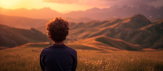 Wall Mural - Young Person Watching Wonderful Landscape Creates Mesmerizing Visual Experience