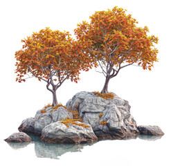 Wall Mural - autumn tree on big rock stone PNG transparent background