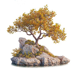 Wall Mural - autumn tree on big rock stone PNG transparent background