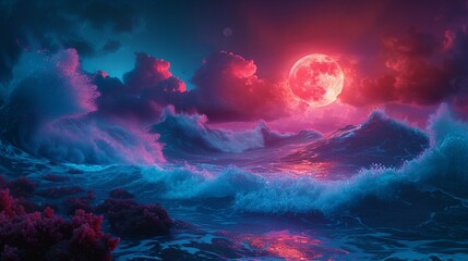 Wall Mural - Turquoise waves colliding with coral reefs under a neon moon. 