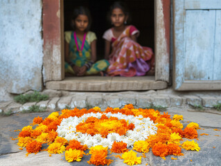 Wall Mural - Close up of rangoli made of flowers before the door. Two blurred Indian girls sitting near rangoli. Gudi Padwa. Ugadi festival in India. Marathi new year concept.