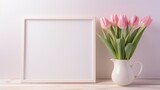 Fototapeta Tulipany - The elegance of pink tulips complementing an empty photo frame, providing an enchanting backdrop for text or designs.