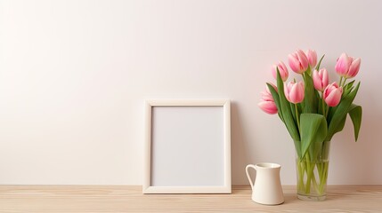 Sticker - The elegance of pink tulips complementing an empty photo frame, providing an enchanting backdrop for text or designs.