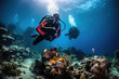 Scuba divers exploring a vibrant coral reef with tropical fish in a tranquil underwater scene suitable for leisure and tourism industries