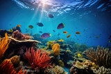 Fototapeta Do akwarium - Underwater coral reef with diverse fish and sun rays invoking tranquility and adventure for marine biology education, eco-tourism, and conservation efforts