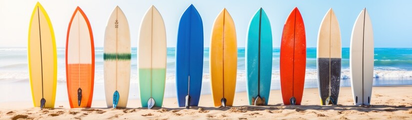 Wall Mural - Surfboards on the beach at sunset. Surfboards on the beach. Vacation Concept with Copy Space. Surfboards on the beach. Panoramic banner. vacation concept.	