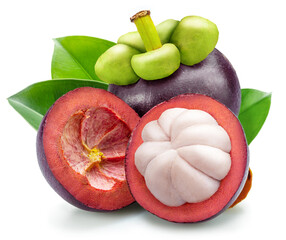 Wall Mural - Mangosteen fruit and mangosteen cut in half isolated on white background.