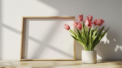 Sticker - An empty photo frame adorned with charming pink tulips, offering a delightful space for memories and text.