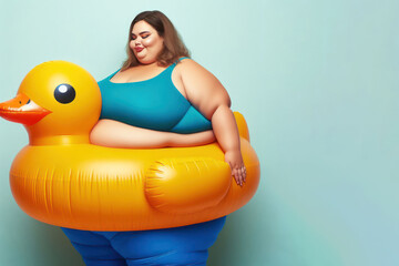 Fat woman with a large inflatable duck. Space for text.