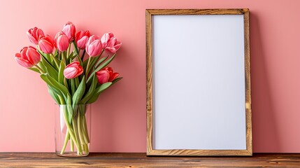 Sticker - The photo frame beautifully embellished with pink tulips creates a picturesque setting with ample copy space for text or captions.