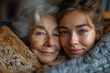 A woman embracing the role of a caregiver, providing love and support to an elderly family member. Concept of intergenerational bonds. Generative Ai.