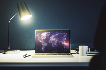 Wall Mural - abstract digital world map on modern computer monitor, big data and blockchain concept. 3d rendering