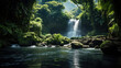 Serene tropical waterfall and river in lush jungle ideal for travel and tourism