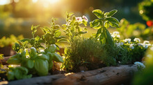 Serene Garden Bed With Fresh Herbs Basking In Golden Hour Sunlight Ideal For Gardening And Agriculture Marketing