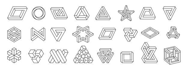 Impossible shapes. Optical illusion objects set. PNG, Vector illustration isolated on white background