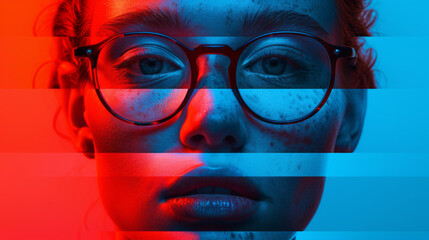 Poster - close-up of a woman's face with striking blue and red lighting