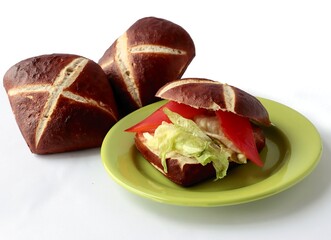 Wall Mural - salad with tomatoes,cucumbers ,cucumber,lettuce in tasty roll as snack