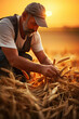 Mature farmer harvesting wheat in field during golden hour conveying warmth tradition and dedication suitable for agriculture and food industry concepts