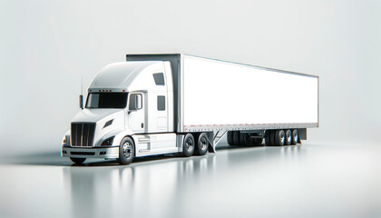 White semi-truck mockup with a blank trailer on a light background, logistics concept. Generative AI