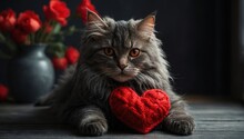 A Cat Clutching A Red-knit Heart Between Its Paws. A Beautiful Little Valentine's Day Postcard With A Gray And Black Kitten