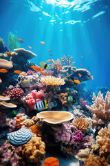 Wall Mural - Sunlight filters through a vibrant underwater scene filled with tropical fish and diverse coral formations ideal for exploration and marine conservation themes