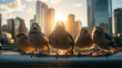 Serene Group of Sparrows Perching Downtown at Sunset Highlighting Nature in Urban Environment