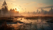 Serene sunrise over a misty river with birds flying and trees reflecting calm morning beauty suggesting usage for travel and leisure or environmental themes