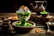 Delight in the exotic charm of Cendol presented on a natural wooden table. The vibrant colors and unique textures make this image a captivating choice for culinary projects, capturing the essence of t