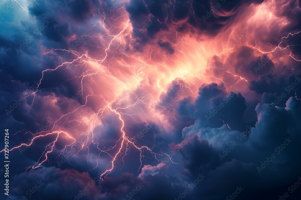 clouds and lightning in a dark sky, with orange and pink colors Stock ...