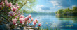 © MK studio - A beautiful blooming magnolia tree with pink flowers against the backdrop of a wonderful blue lake. beautiful spring landscape, banner with place for text
